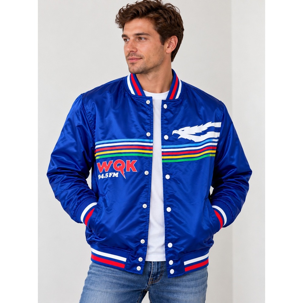 Stranger Things Netflix WSQK 94.5 FM Blue Satin Varsity Bomber Jacket Mens Large